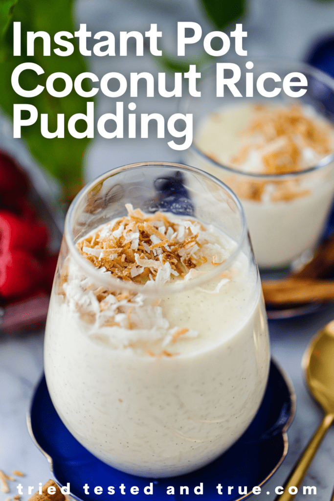Graphic of Instant Pot Rice Pudding with a picture of a cup of rice pudding topped with toasted coconut.