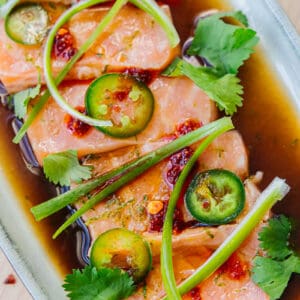 close up of Salmon crudo pieces resting in a white plate and sauce topped with cilantro, cucumbers, and chili sauce